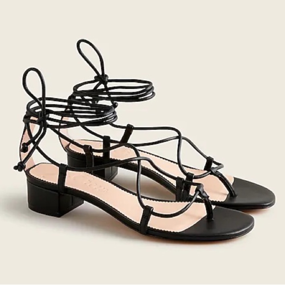NIB J. Crew Florence Lace-up Leather Low-Heeled Sandal in Black, US size 7.5